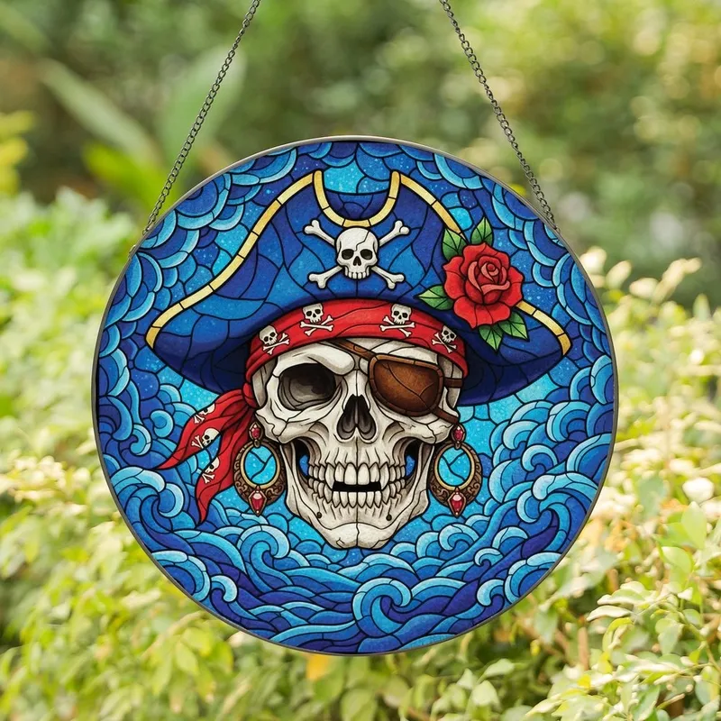 Fantasy Art Collectors' Tiffany Style Stained Glass Pirate Skull Deep Blue Red Gold Jewel Tone Mosaic Stained Glass Suncatcher - 1
