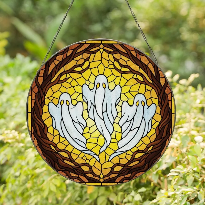 Art Lovers' Tiffany Stained Glass Ethereal Ghosts Gnarled Frame Warm Golden Amber Mosaic Stained Glass Suncatcher - 1