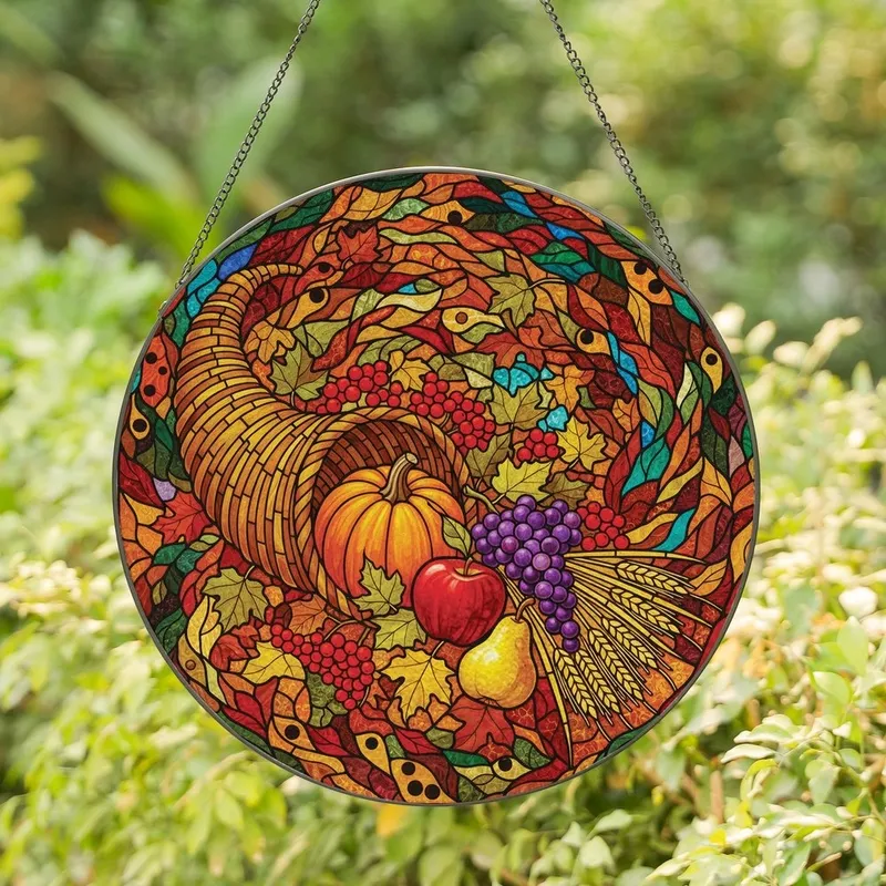 Autumn Enthusiasts' Tiffany Stained Glass Cornucopia Harvest Jewel Tone Pattern Stained Glass Suncatcher - 1