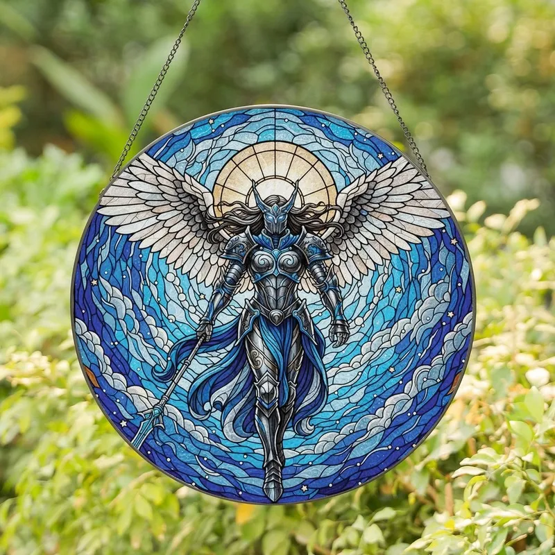 Fantasy Art Lovers' Tiffany Style Stained Glass Armored Warrior Iridescent Blue Celestial Design Stained Glass Suncatcher - 1
