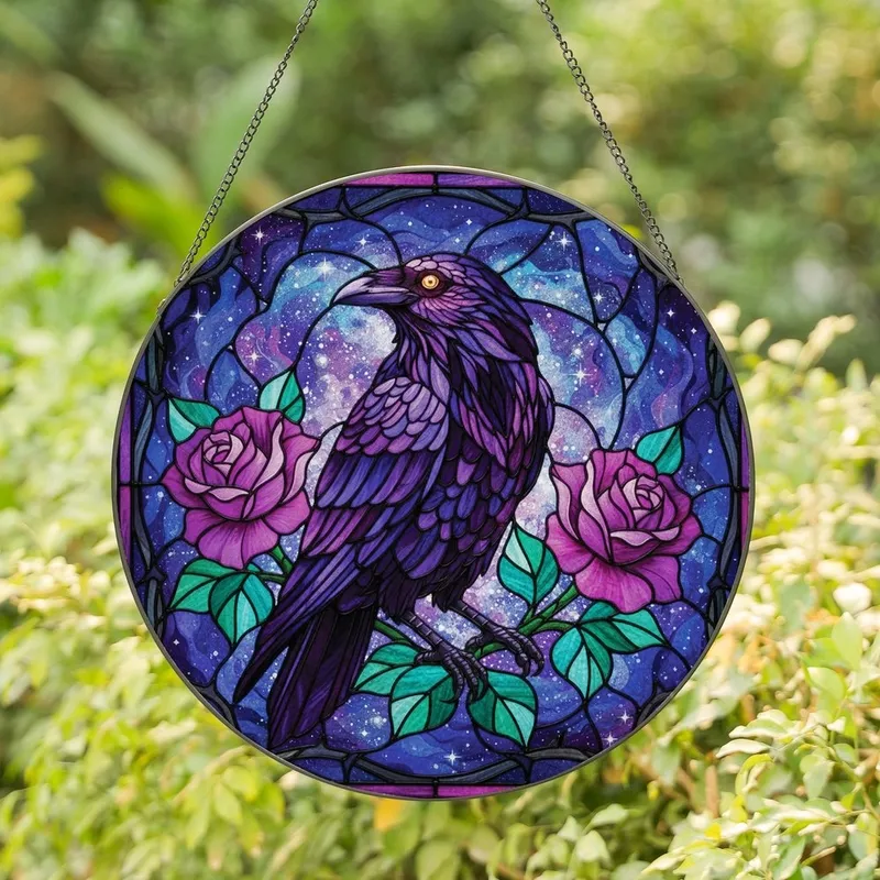 Mystic Nature Admirers' Tiffany Style Stained Glass Raven Rose Cosmic Sky Design Stained Glass Suncatcher - 1