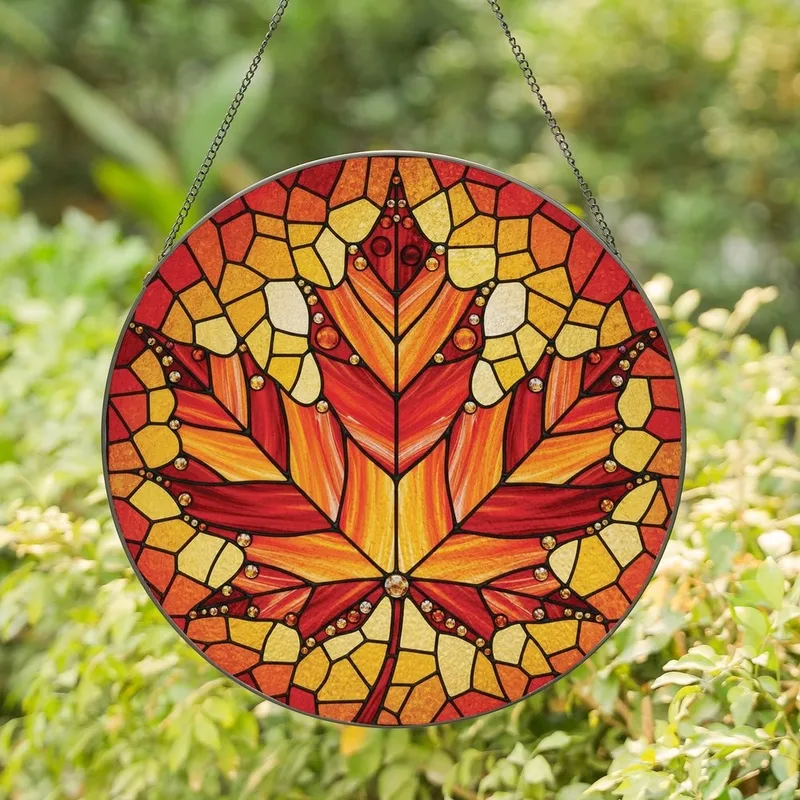 Autumn Lovers' Detailed Tiffany Style Stained Glass Maple Leaf Textured Mosaic Red Orange Amber Gold Stained Glass Suncatcher - 1