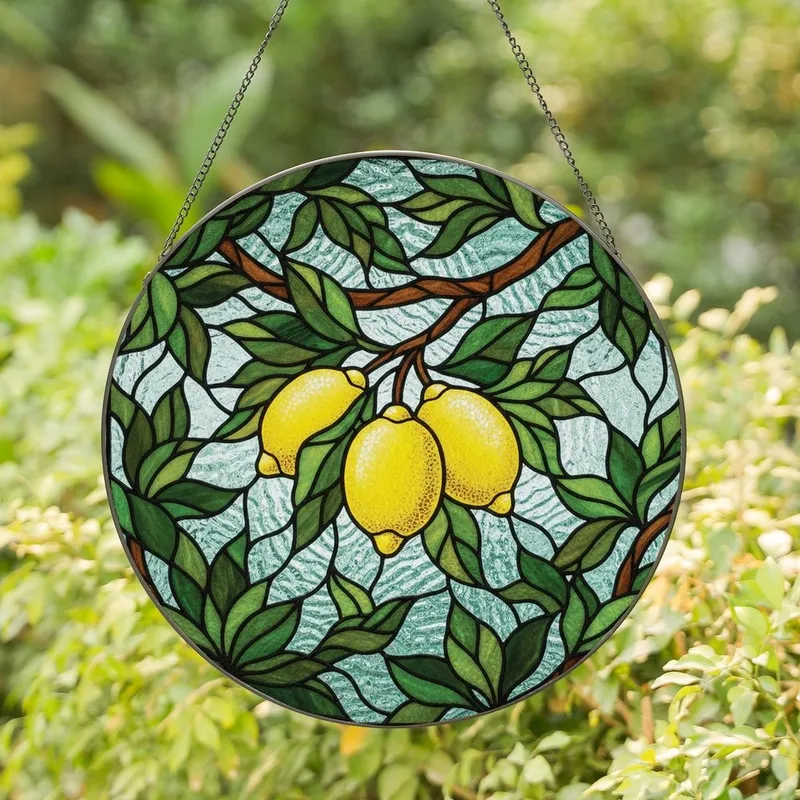 Home Decor Enthusiasts' Vibrant Tiffany Stained Glass Lemon Botanical Mosaic Pattern Stained Glass Suncatcher - 1