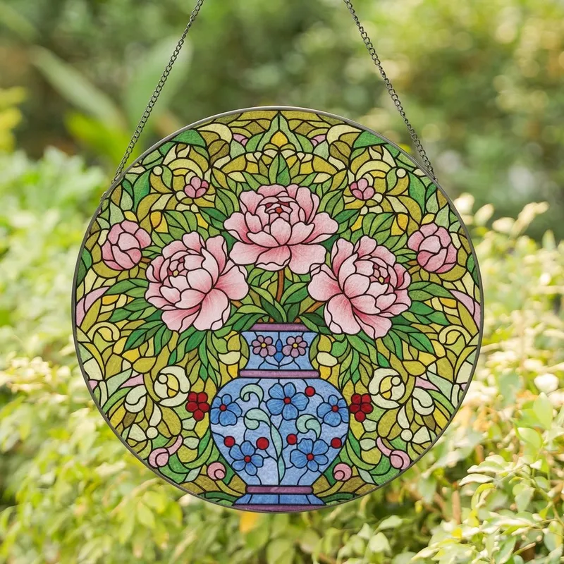 Floral Art Lovers' Vibrant Stained Glass Pink Peonies Blue Vase Garden Mosaic Stained Glass Suncatcher - 1