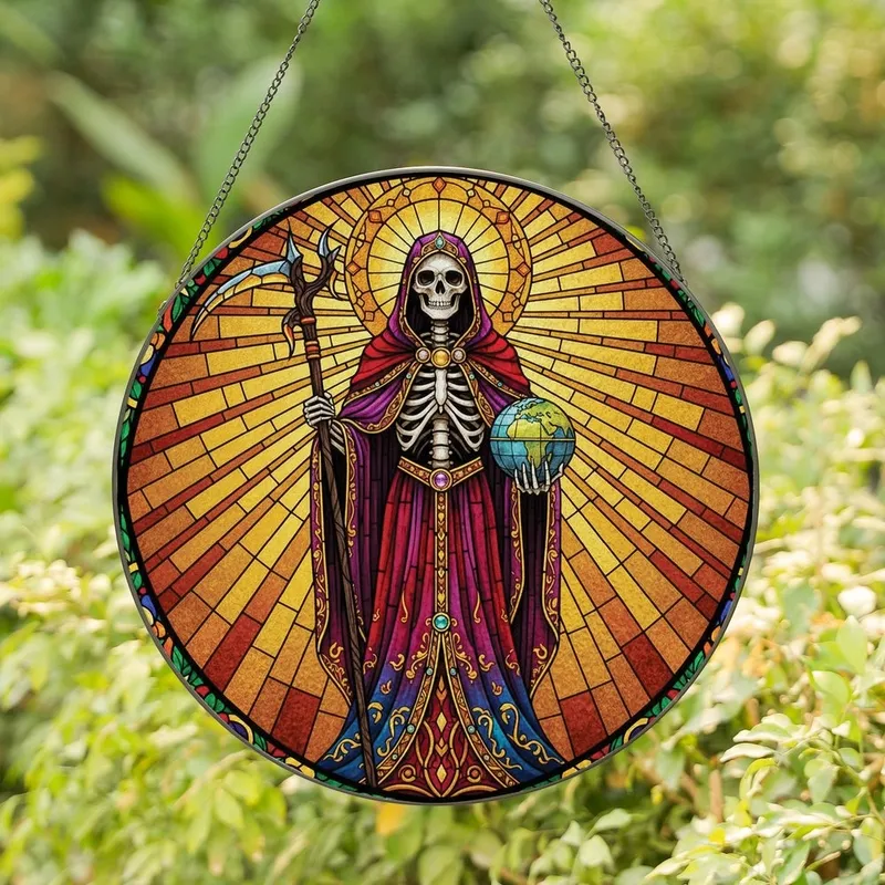 Fantasy Art Lovers' Stained Glass Skeletal Guardian Earth Globe Vibrant Floral Mosaic Stained Glass Suncatcher - 1