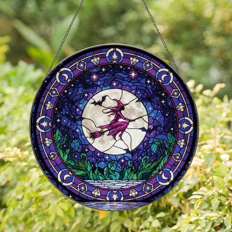 Fantasy Art Lovers' Intricate Tiffany Stained Glass Mystic Figure Full Moon Bats Deep Purple Indigo Celestial Mosaic Stained Glass Suncatcher - 1