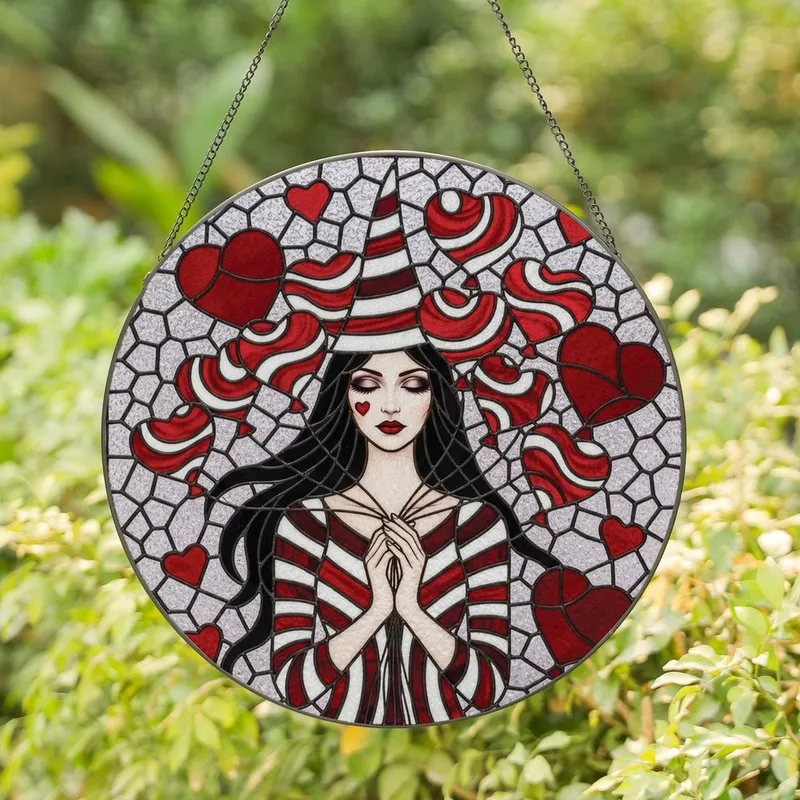 Art Aficionados' Stained Glass Evocative Woman Conical Hat Heart Balloons Deep Red White Mosaic Stained Glass Suncatcher - 1