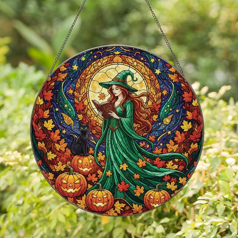 Fantasy Art Lovers' Tiffany Stained Glass Witch Emerald Gown Jack-o'-Lantern Autumn Magic Stained Glass Suncatcher - 1