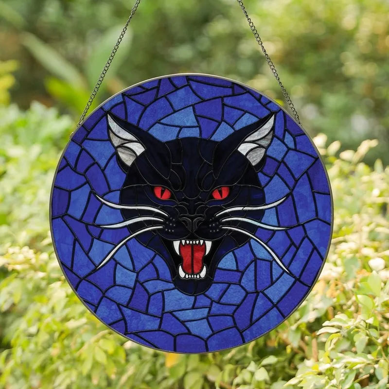 Dark Art Enthusiasts' Stained Glass Snarling Black Cat Red Eyes Indigo Blue Geometric Mosaic Pattern Stained Glass Suncatcher - 1