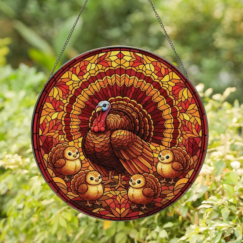 Autumn Lovers' Tiffany Stained Glass Majestic Turkey & Chibi Chicks Mosaic Art in Jewel Tones Stained Glass Suncatcher - 1