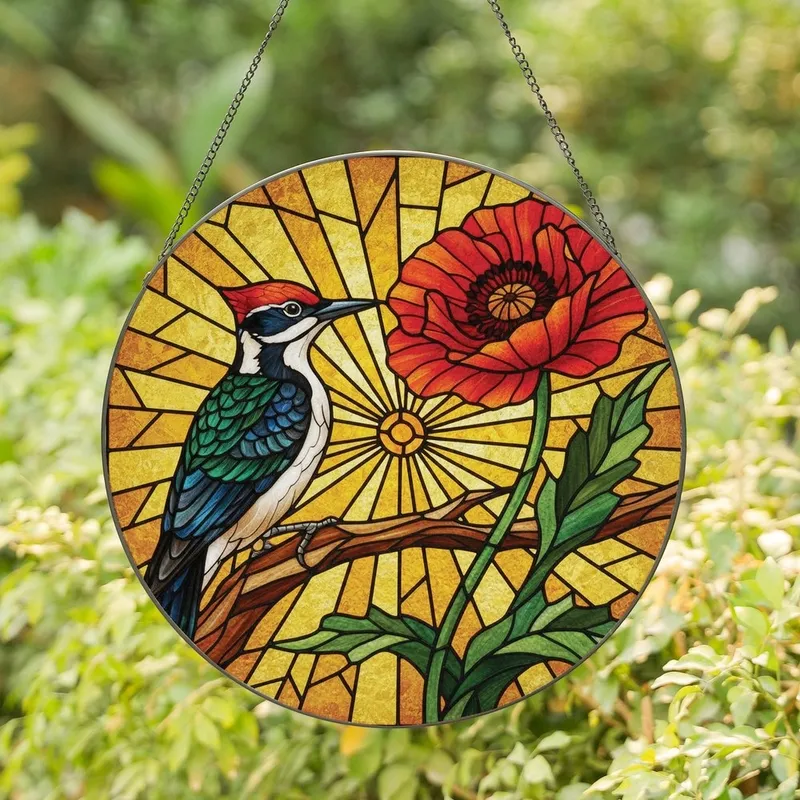 Nature Art Lovers' Vibrant Tiffany Style Stained Glass Red Woodpecker Poppy Amber Sunburst Mosaic Stained Glass Suncatcher - 1pTyB8gO0t