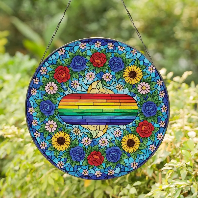 Art Lovers' High Contrast Stained Glass Rainbow Stripe Floral Wreath Jewel Tone Mosaic Stained Glass Suncatcher - vPBGSBc6JT