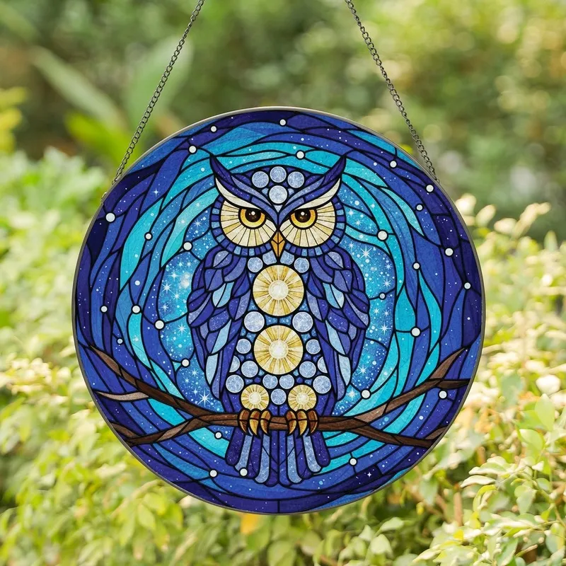 Owl Admirers' Tiffany Stained Glass Majestic Celestial Owl Indigo Blue Gold Cosmic Night Sky Stained Glass Suncatcher - DNTlSDQI9-