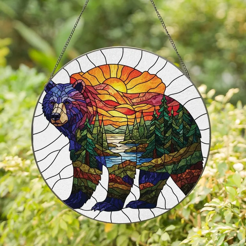 Nature Lovers' Tiffany Stained Glass Bear Silhouette Blue Purple Orange Sunset Lake Art Stained Glass Suncatcher - 1