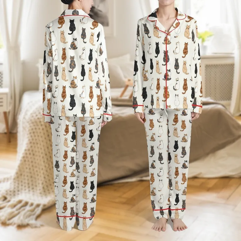 Cat Lovers' Seamless Illustrative Cats Pattern Warm Brown Tan Grey Black White Calico Tortoiseshell Bow Ties Cream Satin Pajamas Set - 1
