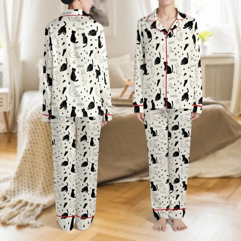 Cat Lovers' Whimsical Hand-Drawn Black Doodle Cats Soft Cream Seamless Pattern, Stars, Fishbones, Yarn, Meow Purr Satin Pajamas Set - 1