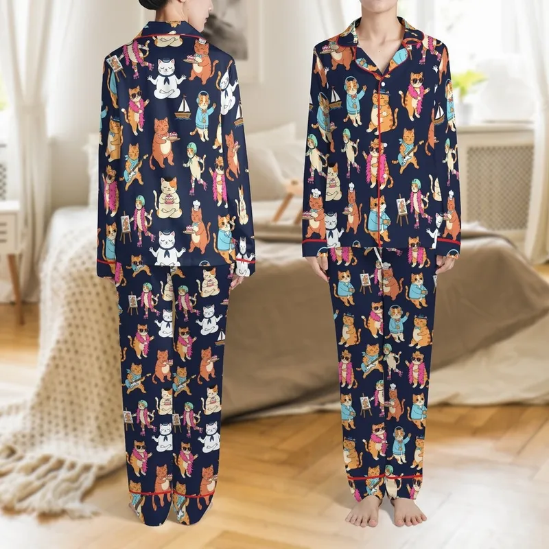Cat Lovers' Whimsical Cartoon Cat Ensemble Playing Music Baking Sailing DJing on Deep Navy Satin Pajamas Set - 1