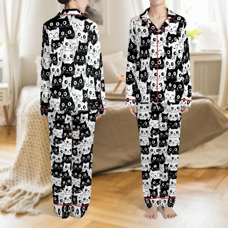 Cat Lovers' Black & White Minimalist Cartoon Cat Face Dense Seamless All-Over Print Satin Pajamas Set - 1