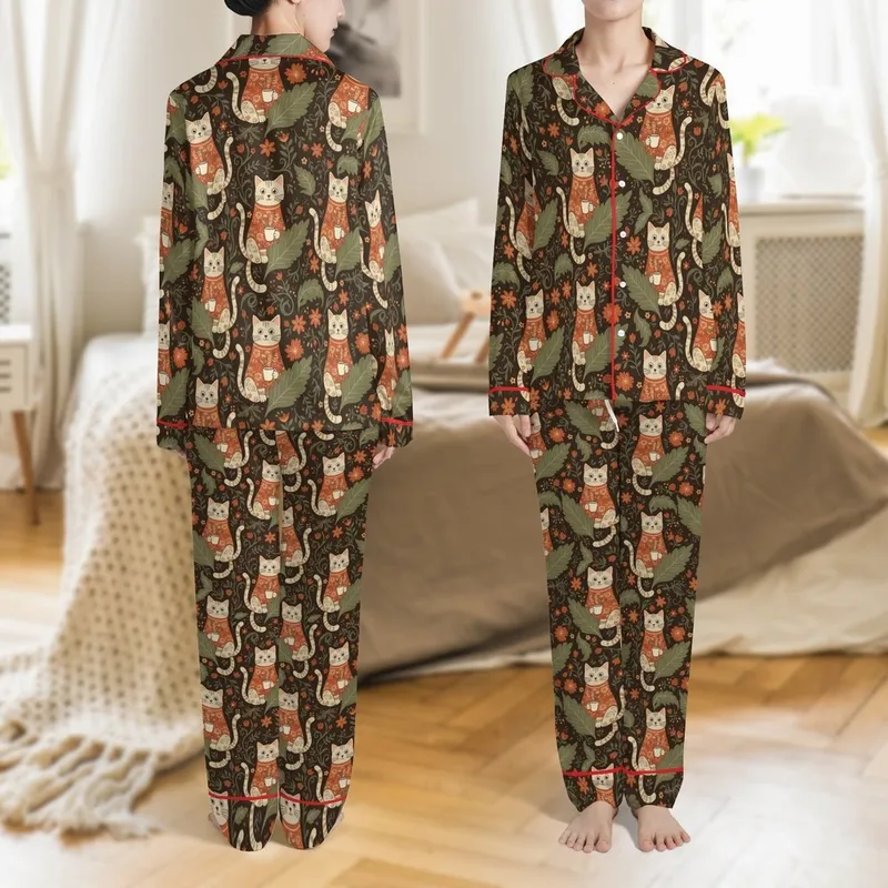 Vintage Style Cat Lovers' Seamless Vintage Botanical Tabby Cat & Autumn Floral Pattern in Muted Olive, Burnt Orange, Dark Brown Satin Pajamas Set - 1