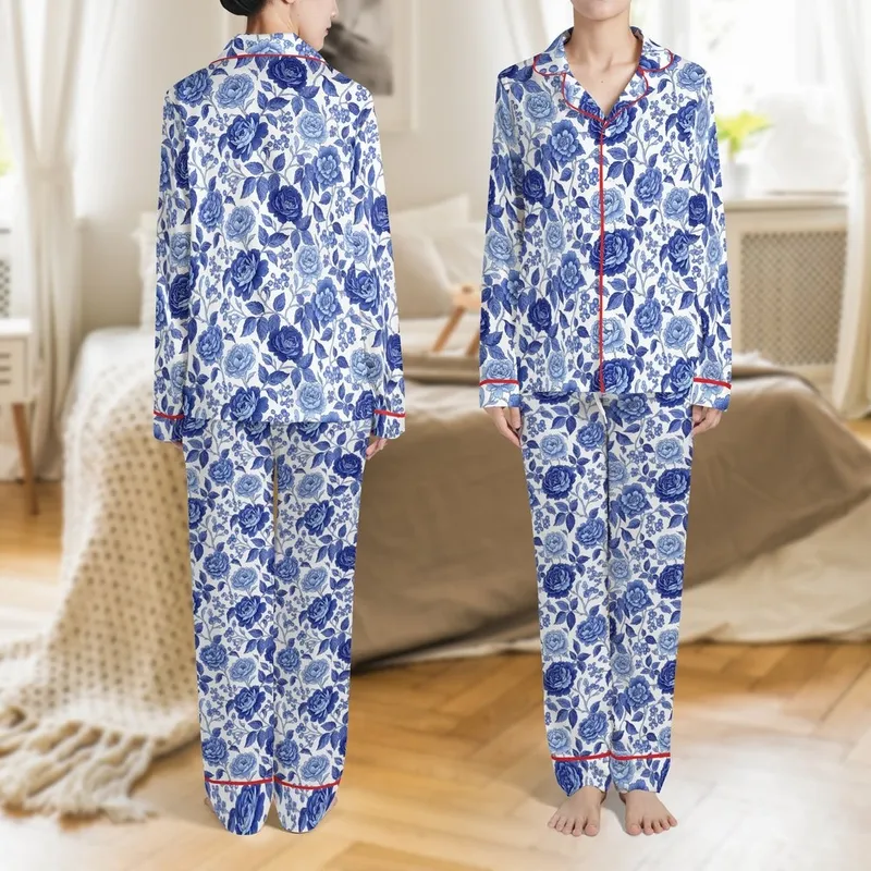 Women's Hand-Drawn Vintage Chintz Sapphire Azure Blue Rose Peony Leafy Botanical Pattern Satin Pajamas Set - 1