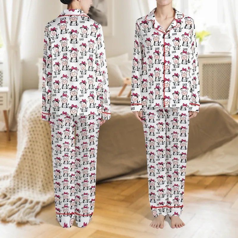 Women's Cute Simplified Cartoon Cow All-Over Pattern Pink Bows Lucky Black Text White Background Satin Pajamas Set - 1