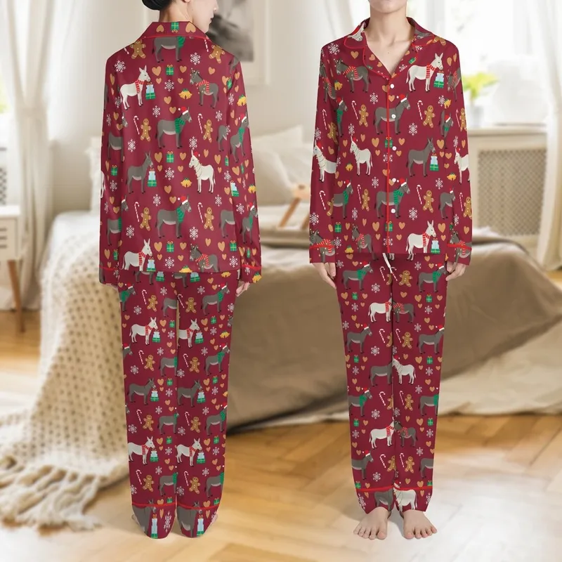 Christmas Donkey Pajamas: Playful Holiday Animal Pattern - Polyester Spandex Sleep Set Satin Pajamas Set - 3-f8dclf81
