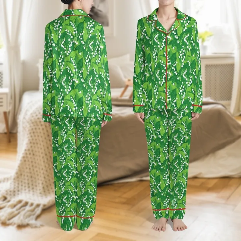 Women's May Birth Flower Lily of the Valley Botanical Green White Floral Sleepwear Set Satin Pajamas Set - 1
