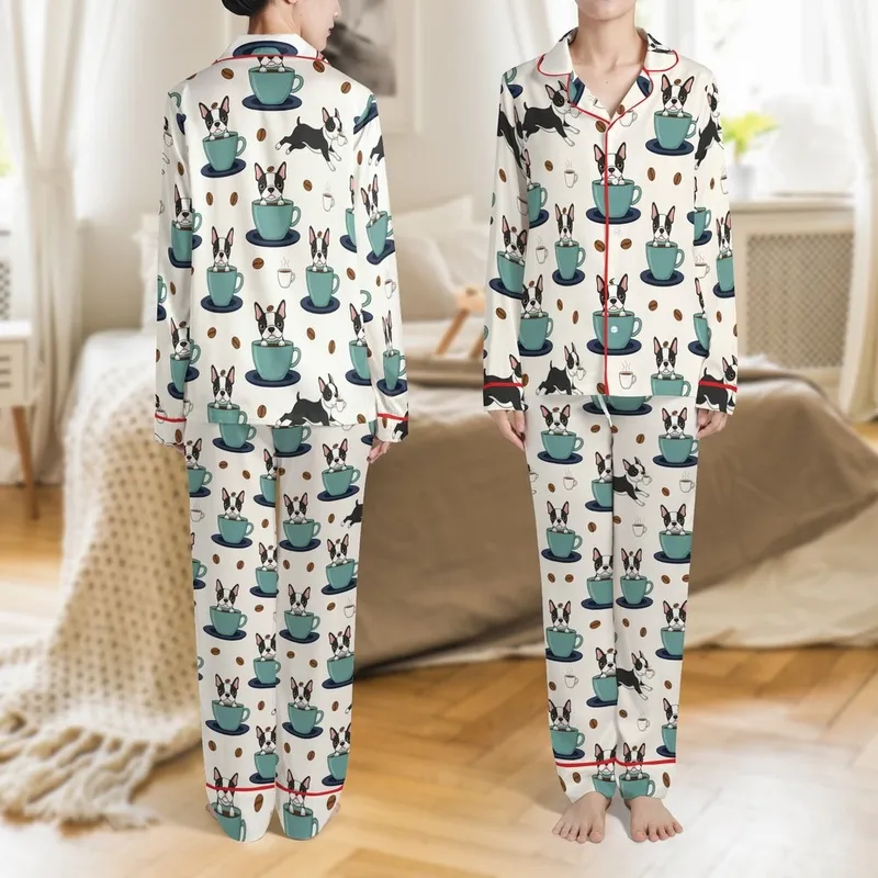 Boston Terrier Lover Loungewear: Playful Coffee Dog Seamless Pattern - Black & White, Teal & Cream Art Satin Pajamas Set - 1