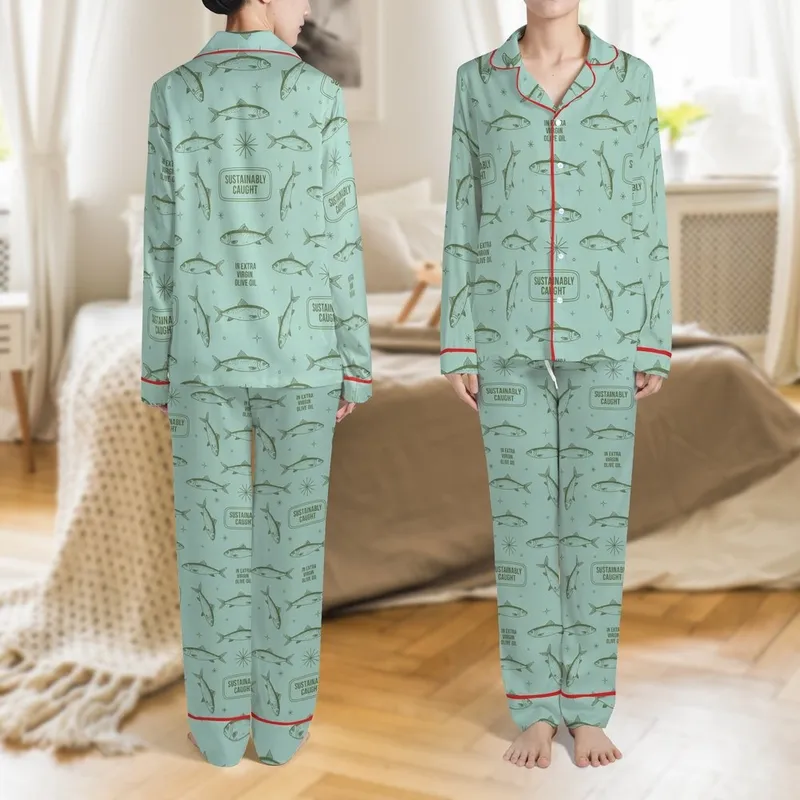 Unisex Vintage Sardine Sleep Set: Light Teal & Olive Fish Pattern Loungewear Satin Pajamas Set - 1