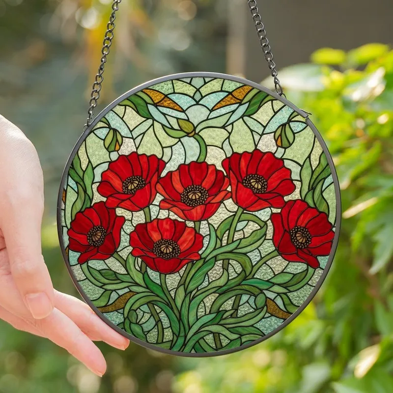 Nature Art Lovers' Intricate Red Poppy Tiffany Stained Glass Mosaic Dappled Light Design Stained Glass Suncatcher - 1