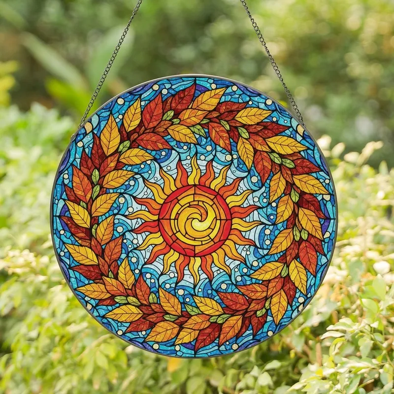 Nature Lovers' Vibrant Jewel Tone Stained Glass Sunburst Autumn Leaf Mosaic Pattern Stained Glass Suncatcher - 1