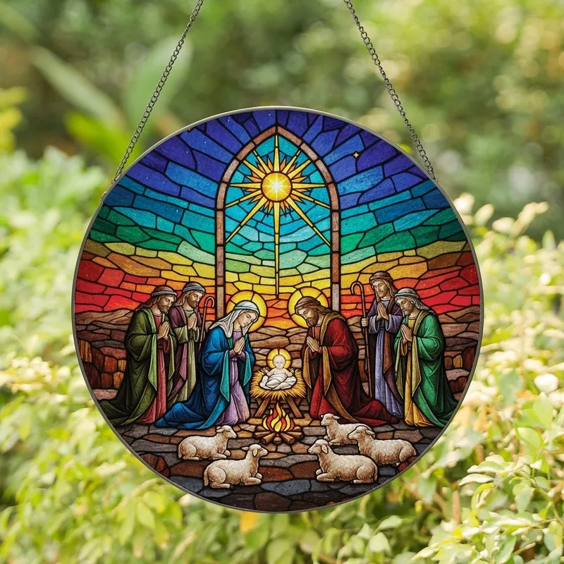 Christmas Art Enthusiasts Intricate Stained Glass Nativity Scene, Jewel Tone Tiffany Art, Radiant Star Mosaic Stained Glass Suncatcher - 1