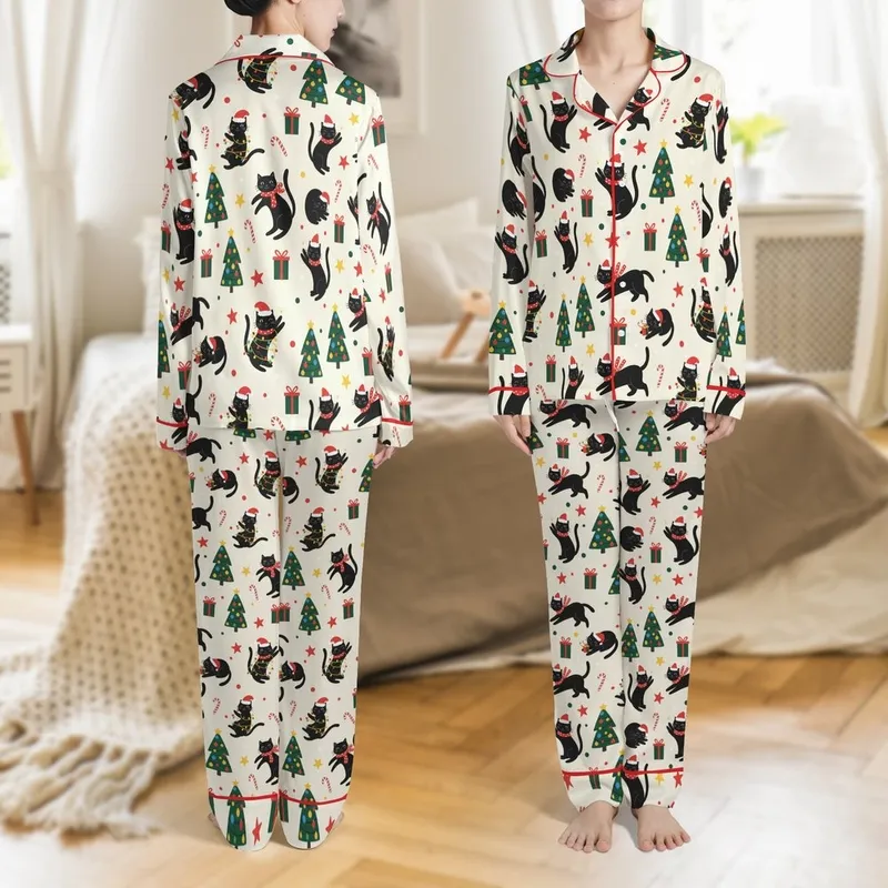 Festive Cat Lovers' Whimsical Black Cat Holiday Pattern with Red Santa Hats, Green Lights & Christmas Trees on Cream Satin Pajamas Set - 1