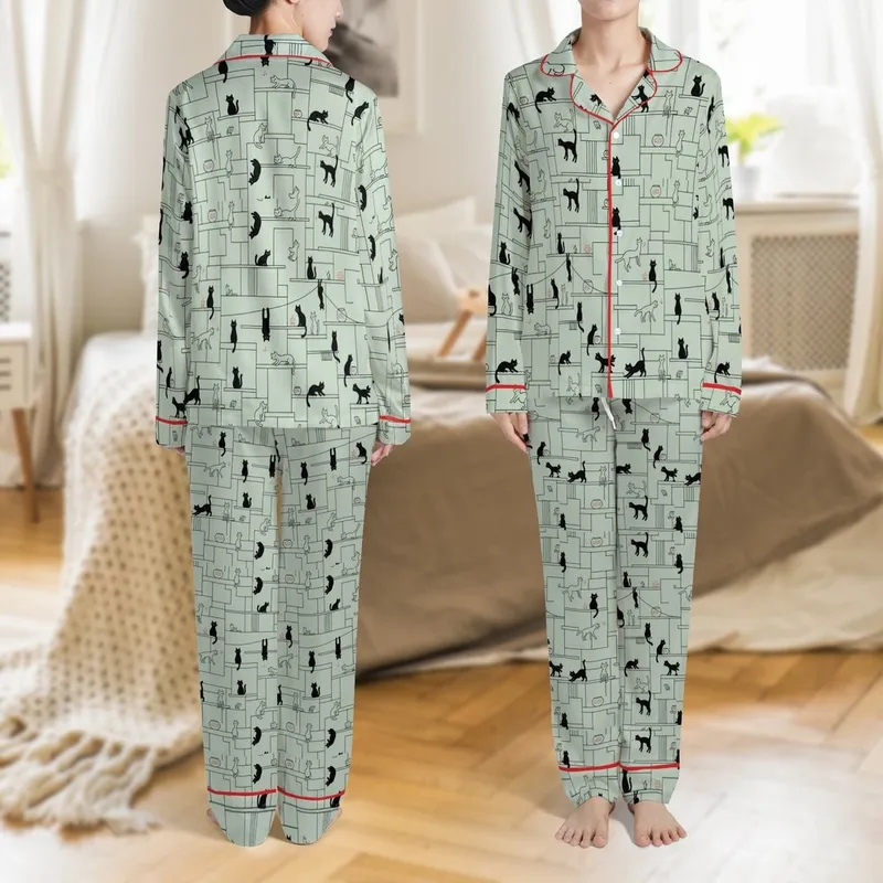 Cat Lovers' Whimsical Urban Cats Minimalist Sage Green Line Art Black Silhouette Pattern Satin Pajamas Set - 1