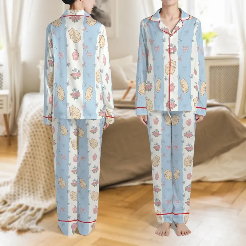 Pastel Dreamers' Whimsical Hand-Drawn Sleeping Cats Pink Bows Blue Flowers Cupcakes Soft Pastel Blue Off-White Knit Bands Satin Pajamas Set - 1