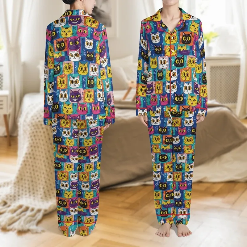Cat Lovers' Playful Multi-Color Cartoon Cat Faces Block Mosaic with Teal Pink Purple Yellow Graffiti Accents Satin Pajamas Set - 1