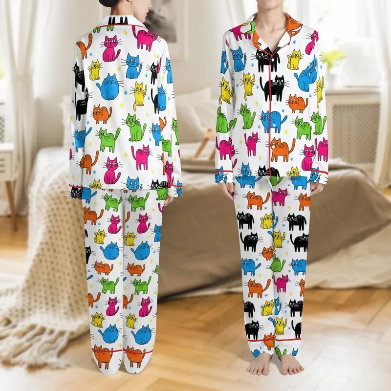 Cat Lovers' Whimsical Hand-Drawn Doodle Abstract Cats Pattern with Vibrant Multi-Color Crayon Style Satin Pajamas Set - 1