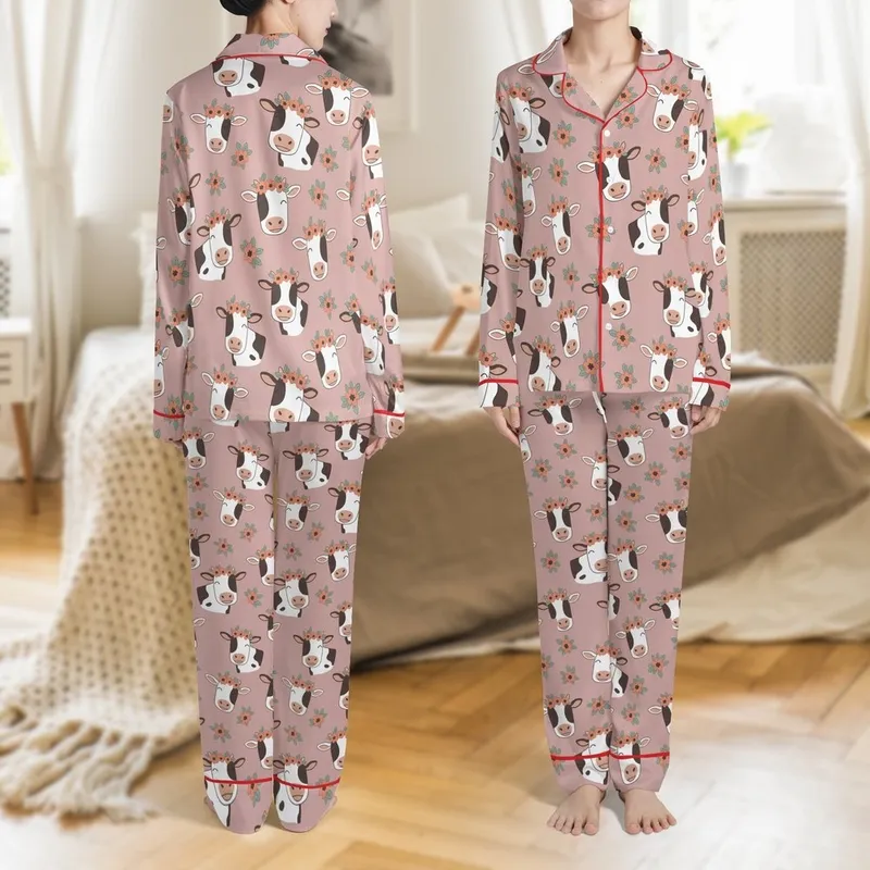 Cow Lovers' Whimsical Illustrative Holstein Cow Faces & Muted Floral Pattern on Soft Dusty Rose Satin Pajamas Set - 1