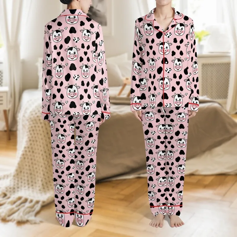 Kawaii Lovers' Whimsical Pastel Pink Cartoon Cow Face Heart Spot All-Over Print Satin Pajamas Set - 1