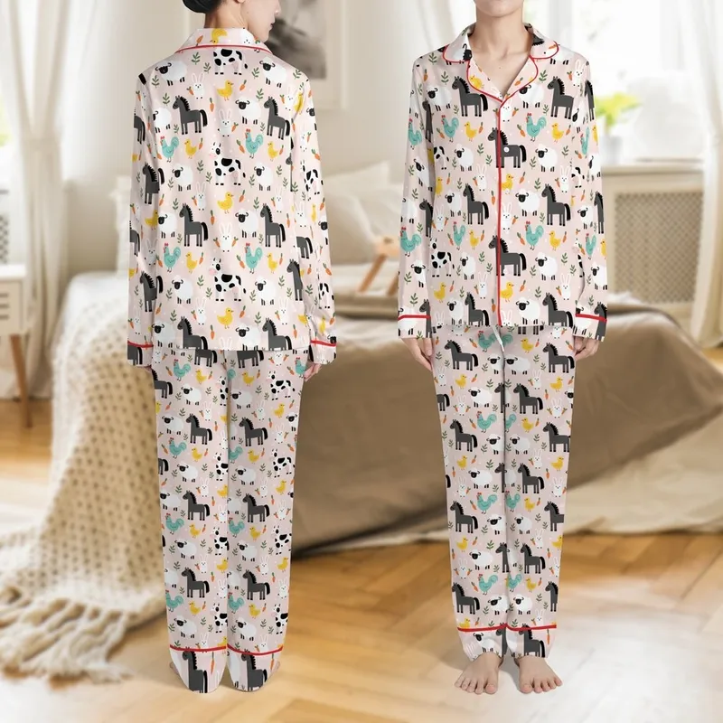 Whimsical Farm Life Admirers Light Pink Flat Art Farm Animal Pattern: Stylized Horses, Cows, Sheep, Rabbits, Roosters, Ducks Satin Pajamas Set - 1