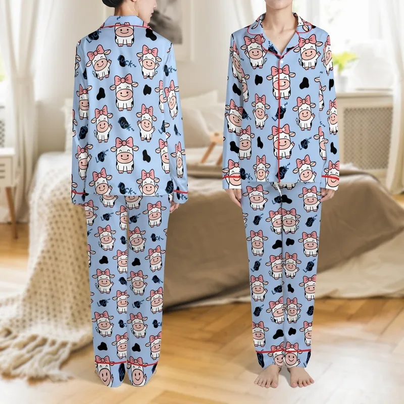 Cute Animal Lovers' Whimsical Cartoon Cow Seamless Repeat Light Periwinkle Blue Pink Bows Black Spots Luck Pattern Satin Pajamas Set - 1