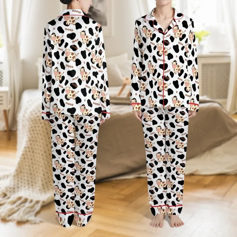 Whimsical Style Lovers' Black White Cow Spot Pattern with Cute Flat Cartoon Cows and Playful Brown "Moo" Text Satin Pajamas Set - 1