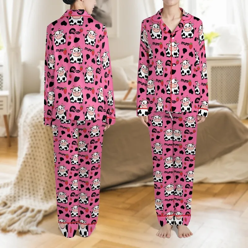 Cute Animal Lovers' Vibrant Hot Pink Flat 2D Cartoon Dairy Cow Rosy Cheeks Strawberry Moo Design Satin Pajamas Set - 1