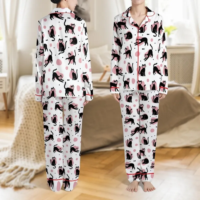 Cat Lovers' Whimsical Black Cat Pink Blob Polka Dot Seamless White Pattern Satin Pajamas Set - 1