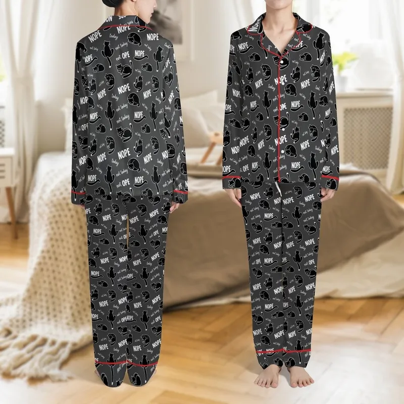 Humorous Cat Lovers' Dark Charcoal Grey Flat Black Cat Silhouette 'Nope Not Today' Scattered Pattern Satin Pajamas Set - 1