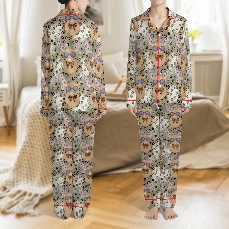 Highland Cow Lovers' Whimsical Fluffy Cow Purple-Blue Sunglasses Leopard Bow Muted Floral Khaki Spot Pattern Satin Pajamas Set - 1