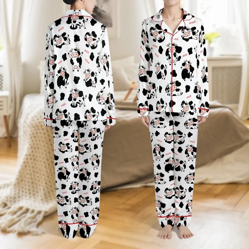 Cow Lovers' Whimsical Hand-Drawn Dairy Cows Diverse Poses Black Spots Red Moo White Satin Pajamas Set - 1