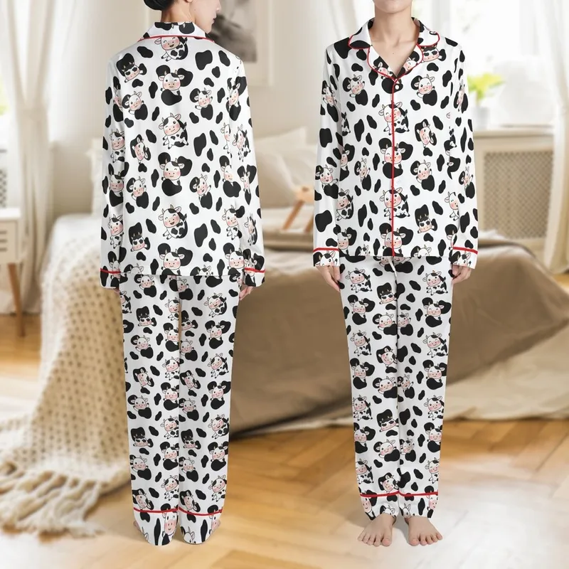 Cute Style Adorers' Whimsical Black Cow Spot Pattern Cute Cartoon Cow Faces Pink Brown Accents White Satin Pajamas Set - 1