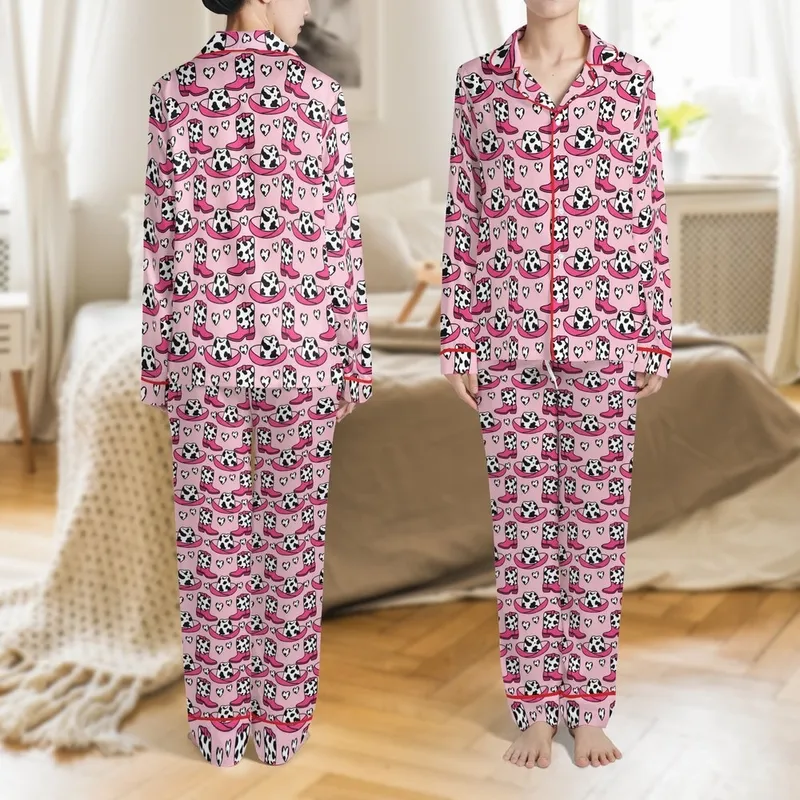 Pink Western Aesthetic's Cartoon Cow Print Cowboy Hat Boot Heart Repeat on Light Pink Hot Pink Satin Pajamas Set - 1