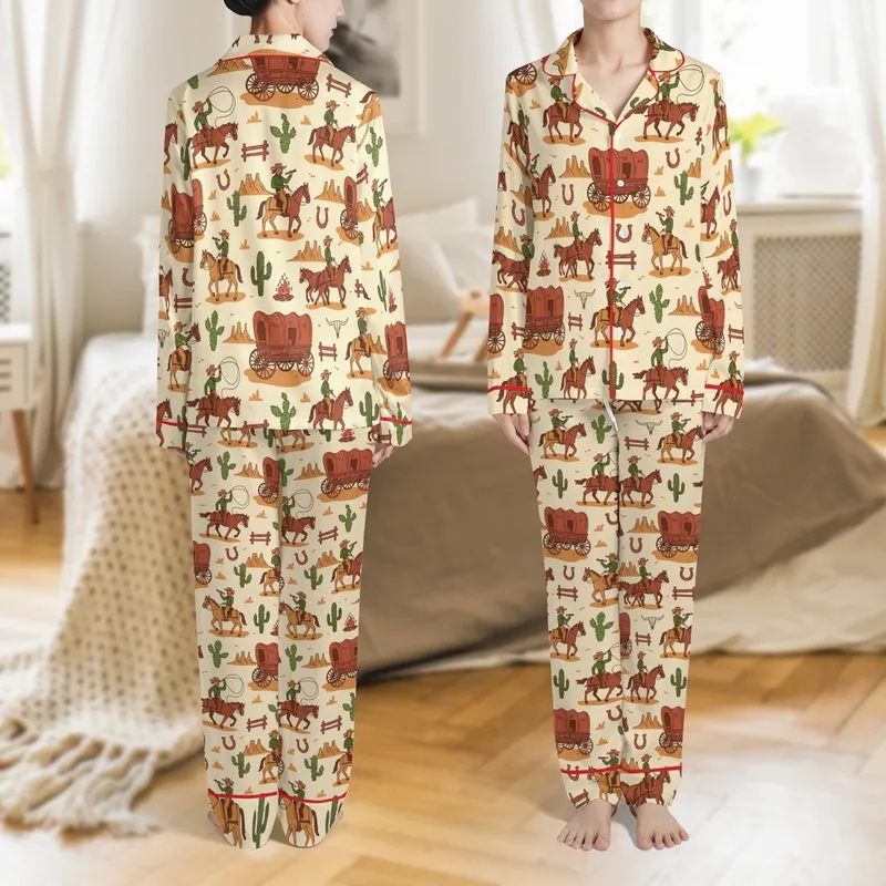 Western Enthusiasts' Vintage Cartoon Cowboy Landscape Pattern with Reddish-Brown Horses, Forest Green Cacti, and Mesa Mountains Satin Pajamas Set - 1